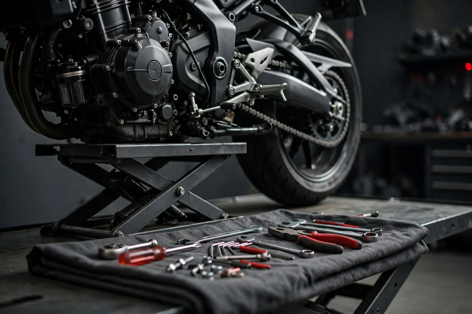 A motorcycle on a lift with tools
