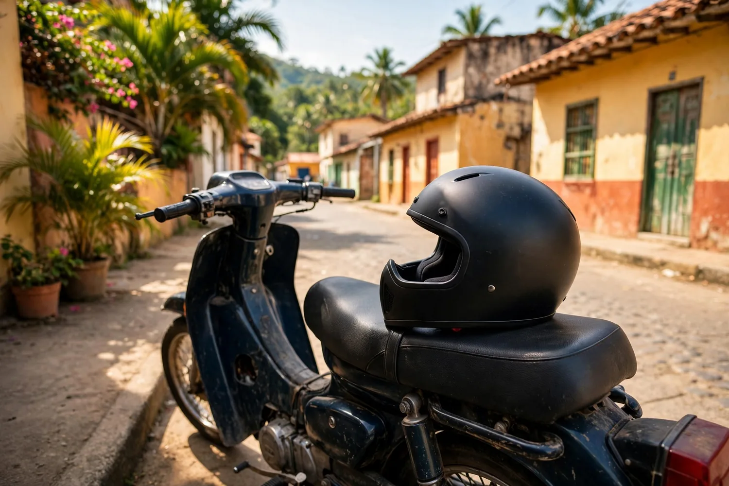 A helmet on a motorcycle seat