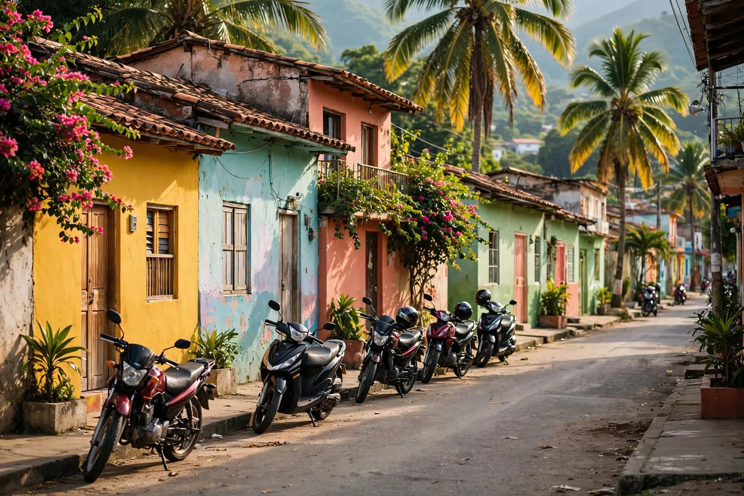 A town street with parked motorcycles