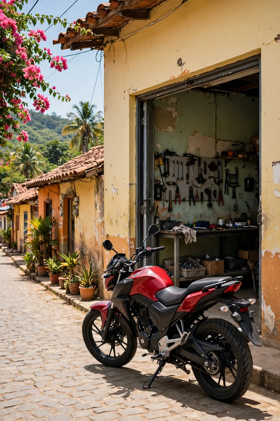 A motorcycle at a workshop door